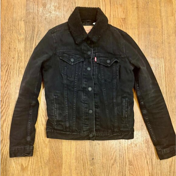 Levis LEVI sz XS Black Denim Trucker Jacket w/ Quilted Lining and Sherpa Collar - Picture 1 of 12